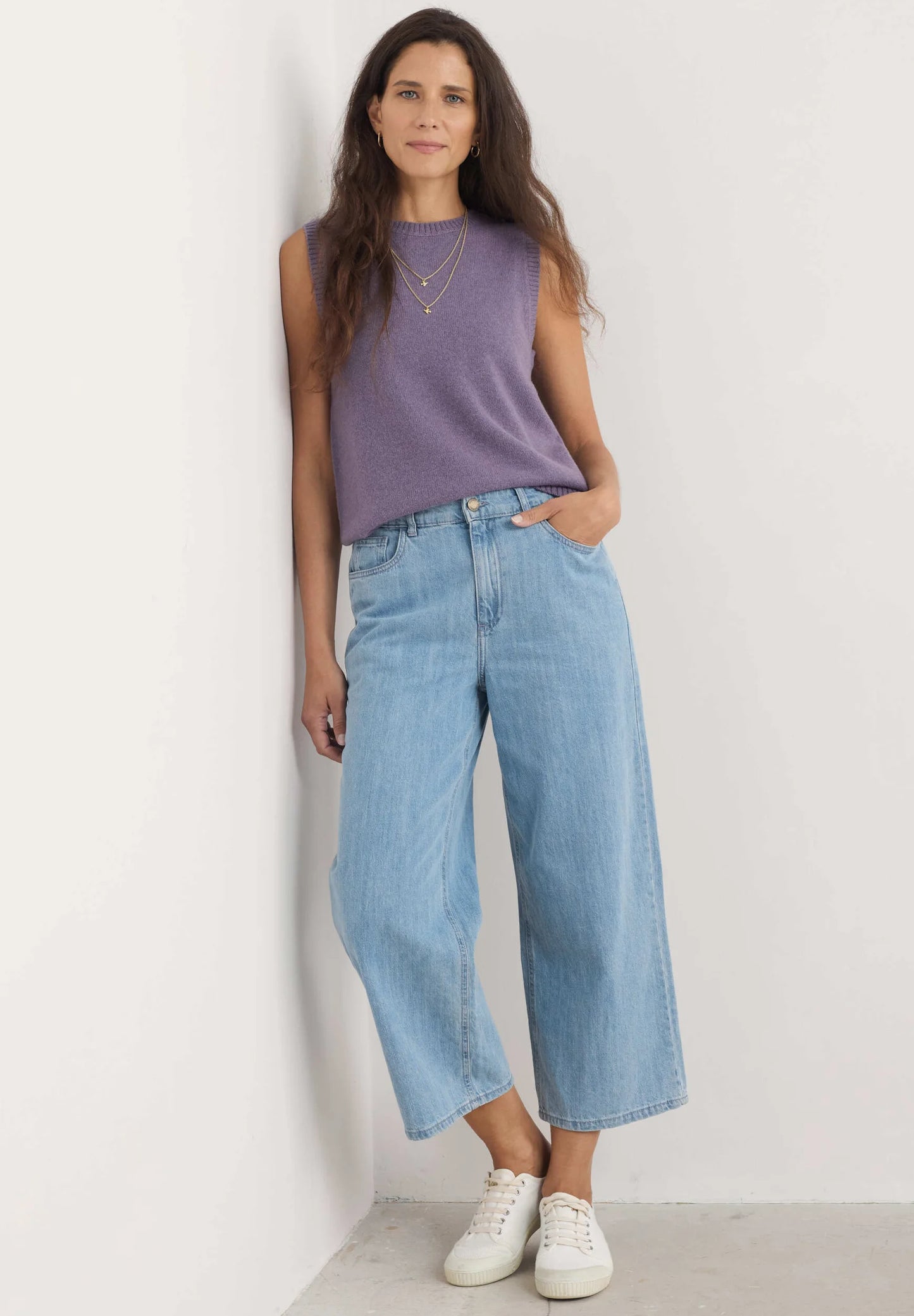 Woman wearing the East View wool Vest in Echium purple by SEASALT