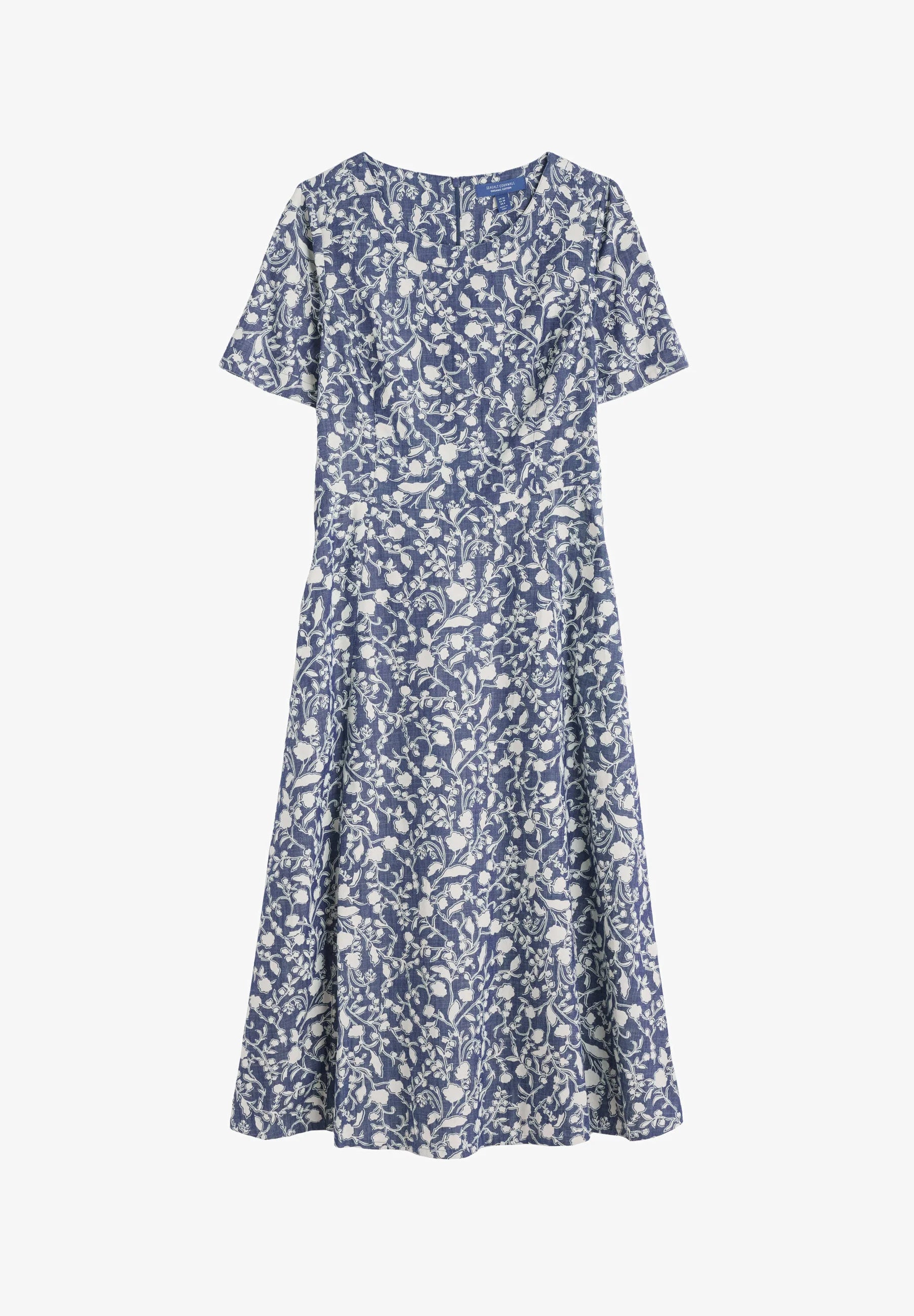 Flat lay of the Fox Path midi Dress in Shadow Blossom Indigo by SEASALT