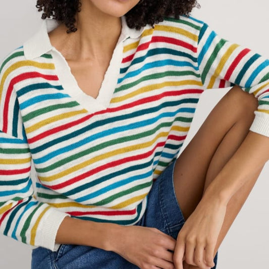 Woman wearing the Gwynver Vee Collar Jumper in multicoloured stripes Mini Cornish Raspberry Multi