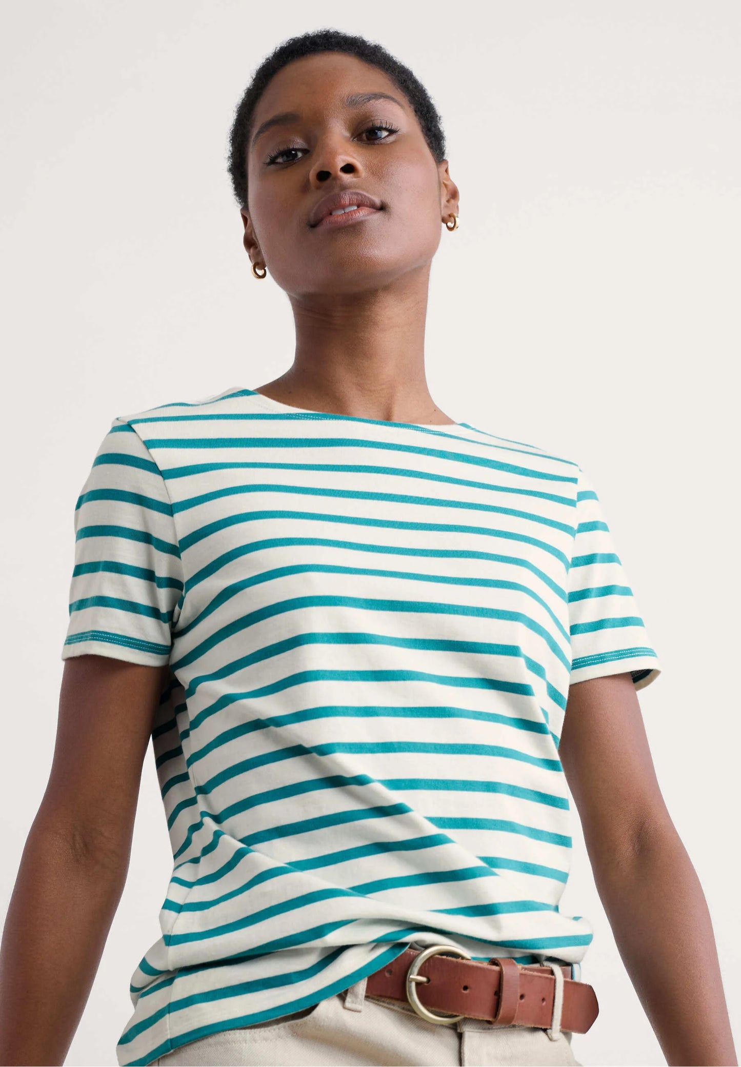 Woman wearing the Sailor striped T-Shirt in Breton Chalk Tidal by SEASALT