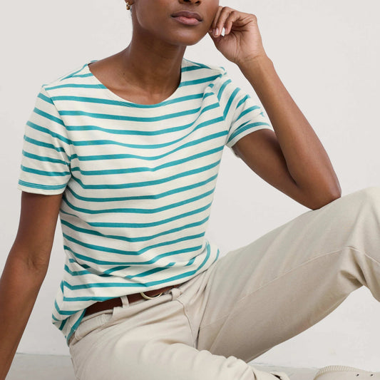 Woman wearing the Sailor striped T-Shirt in Breton Chalk Tidal by SEASALT