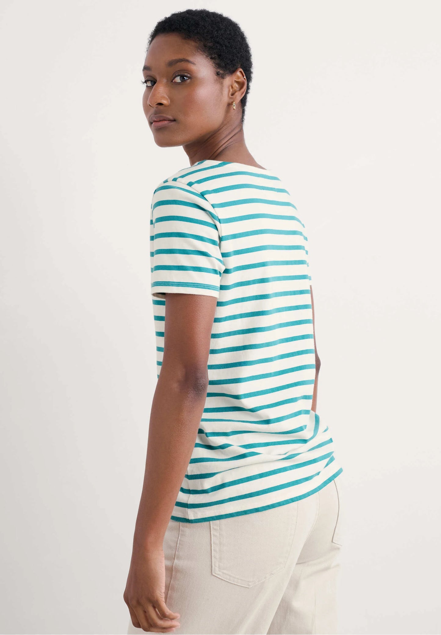 Woman wearing the Sailor striped T-Shirt in Breton Chalk Tidal by SEASALT
