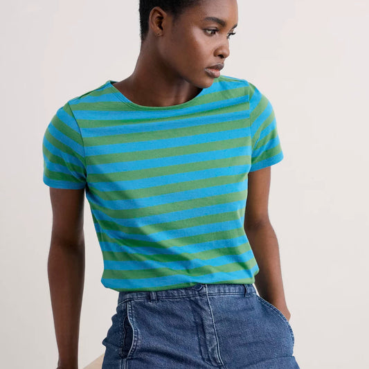 Woman wearing the Sailor striped T-Shirt in Scallion Hedgerow by SEASALT