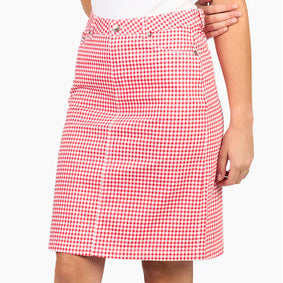 Woman wearing the Lightweight Printed cotton Skirt in red gingham by Vassalli