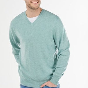 Bridge and Lord Men's Vee Jumper in Sage. Quality Knitwear.