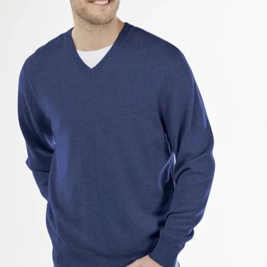Bridge & Lord Vee Neck in Denim Marl. Merino and Cashmere.