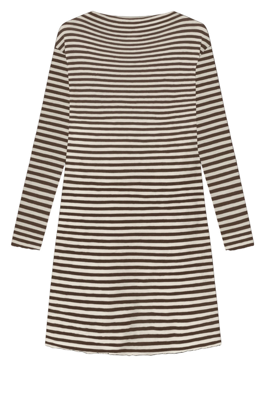 By Basics dress 100% merino wool in brown and whiote stripe