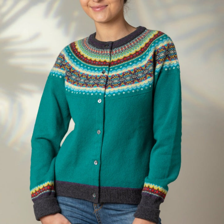 Eribé's Alpine Short fair isle Cardigan in Tigerlily. Qaulity Fairisle Scottish Knitwear.