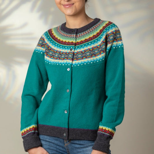 Eribé's Alpine Short fair isle Cardigan in Tigerlily. Qaulity Fairisle Scottish Knitwear.