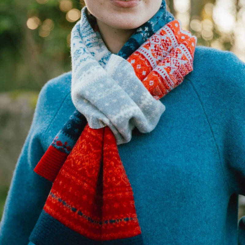 Eribe Fairisle Scarf in red and blue. Scottish Knitwear