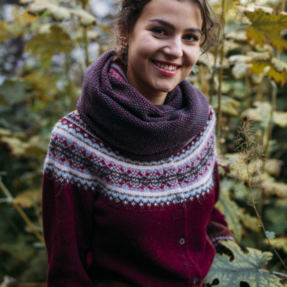 Eribe quality Scottish Fairisle knitwear. Alpine short cardigan in Potpourri.