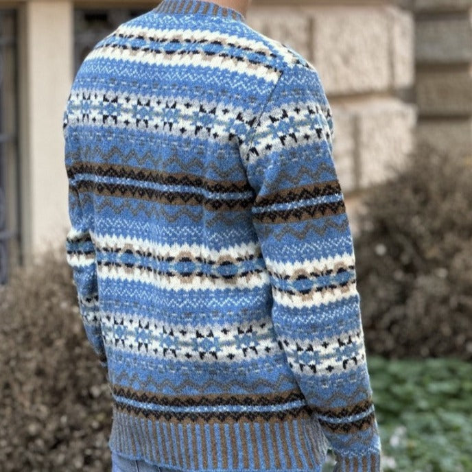 Fair isle Men's jumper or sweater in blue. Australia dn New Zealand.