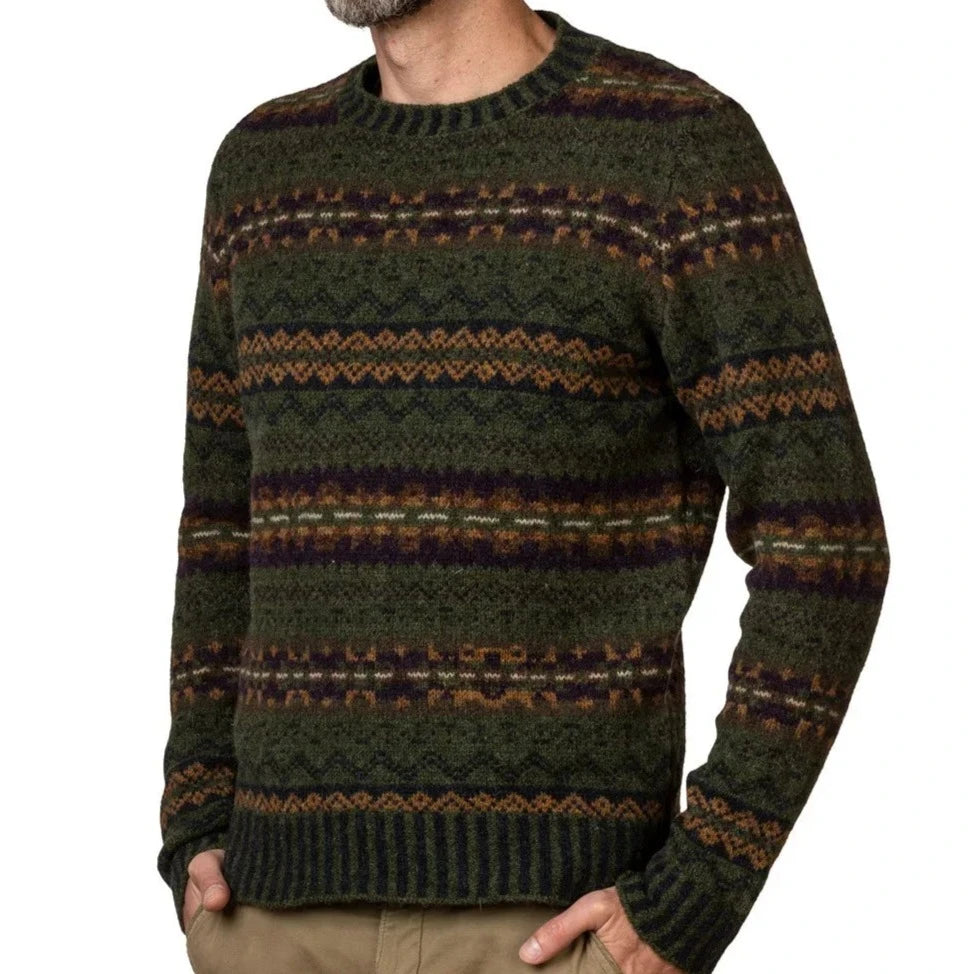 Eribe Fairisle knitwear. Men's Brodie sweater in Woodland. 100% wool.