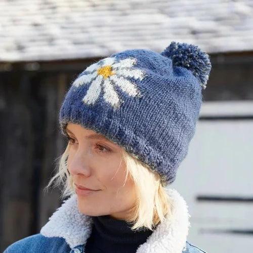 Bobble hat for women. Blue with Daisy.