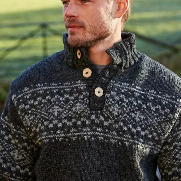 Fairisle patterned men's sweater in wool with buttons. All natural fibres, 100% wool, hand knitted in Nepal.