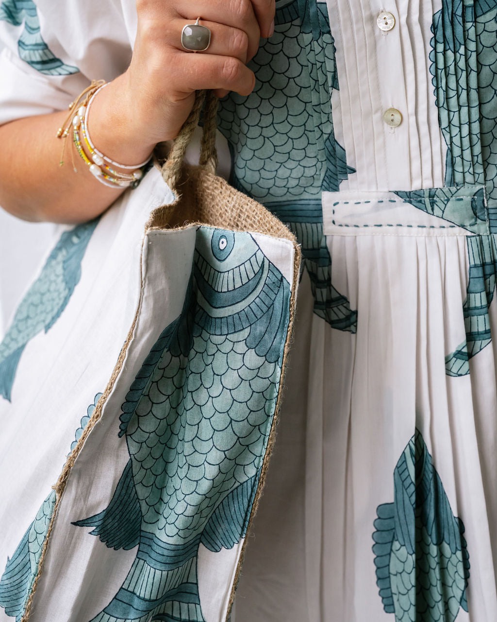 Blue big fish block print design on cotton max dress