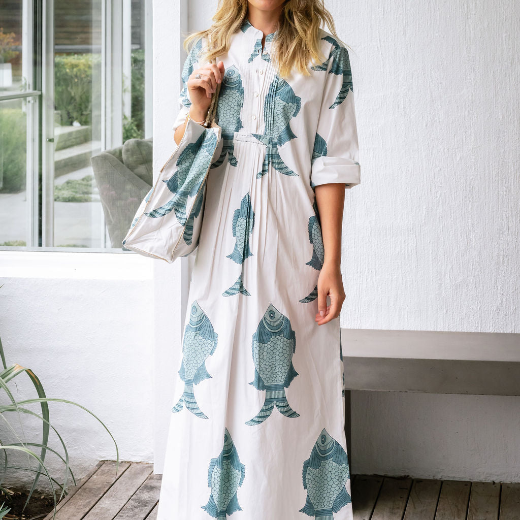 Mandalay Designs block print big fish design maxi dress.