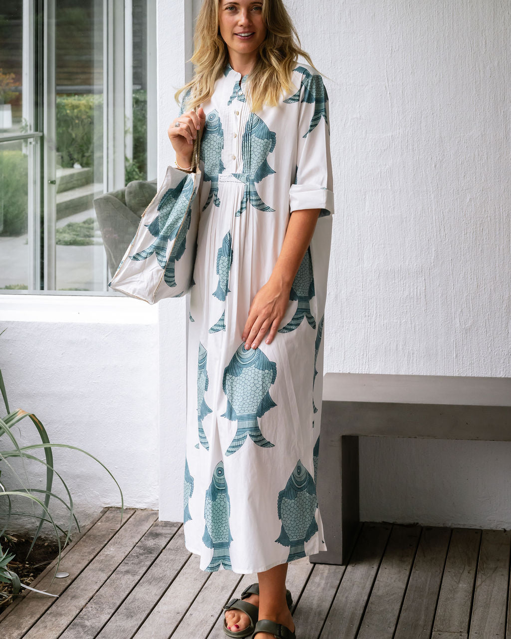 Maxi dress for summer form Mandalay Designs big fish block print in blue