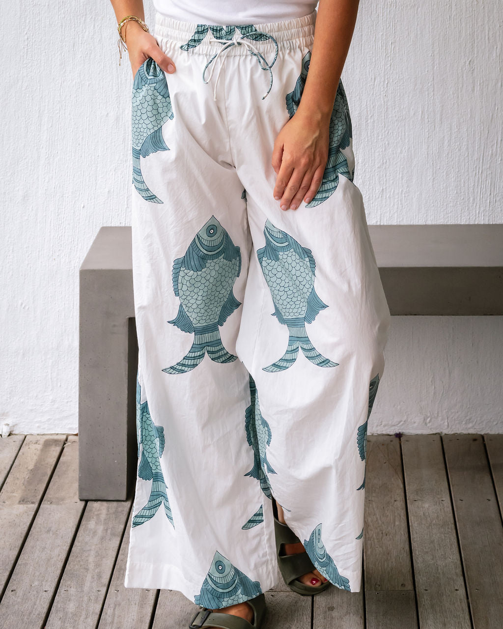 Block Print fish design on pants in blue from Mandalay Designs