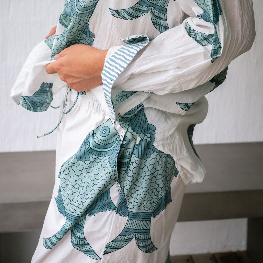 Bug Fish block print on organic cotton pants