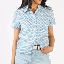 Quality Women's short sleeve shirt in blue by mandalay designs.
