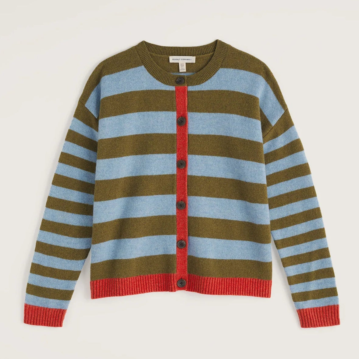 Seasalt Cornwall quality clothing Pinwell cardigan in olive and light blue stripes