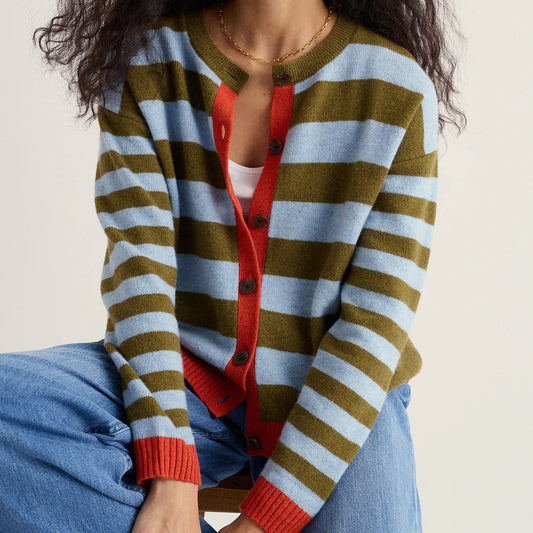 Seasalt Merino wool knitwear. Pinwell cardigan in olive and blue stripes