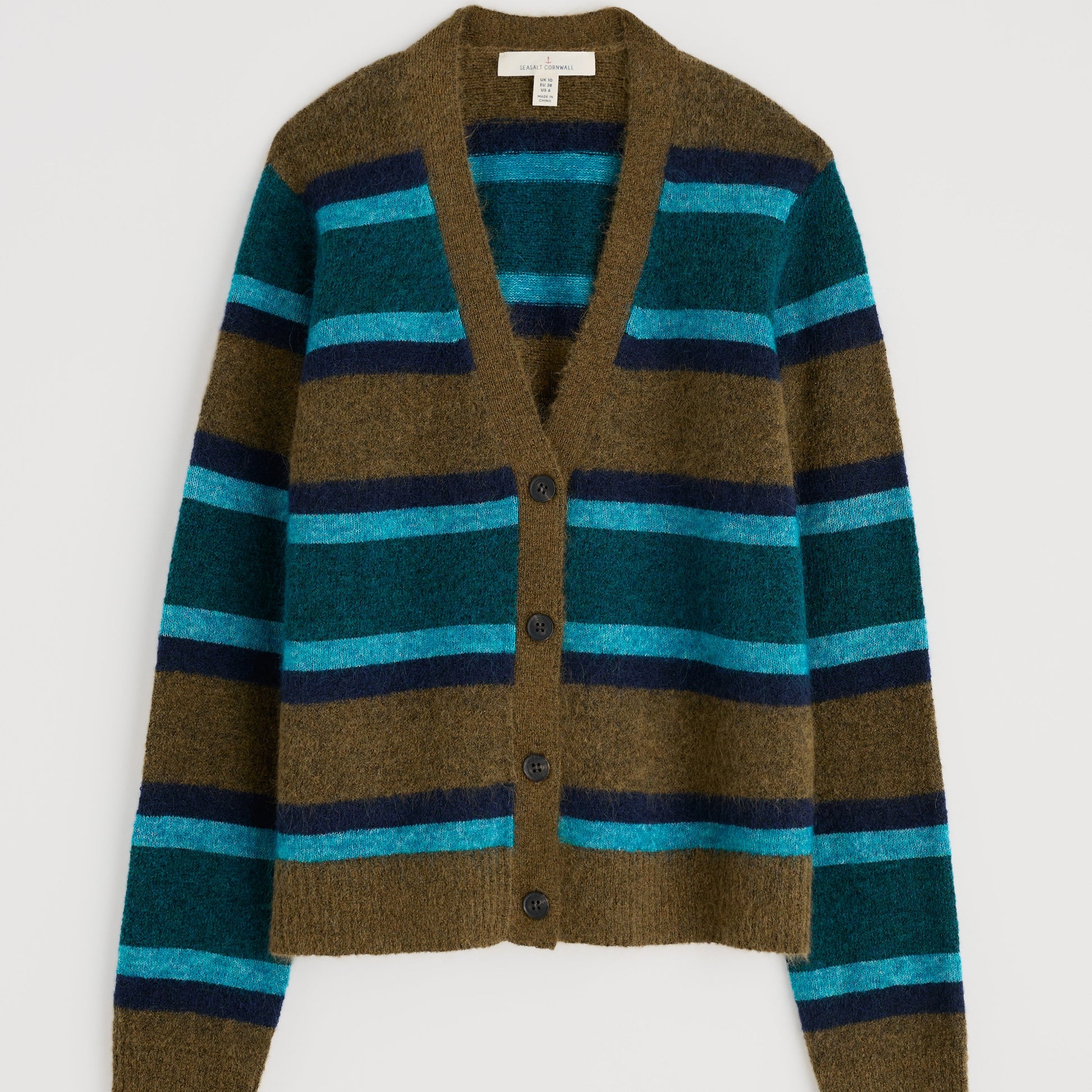 Seasalt Cornwall striped vee cardigan brown and aqua