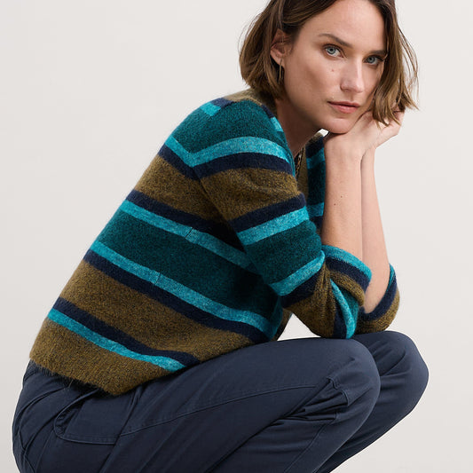 Seasalt Striped Etching Cardigan in earthenware cyan