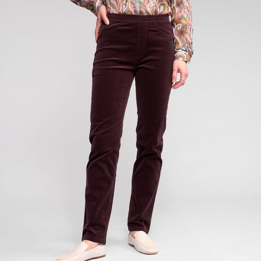 Burgundy pin cord pull on pants cotton