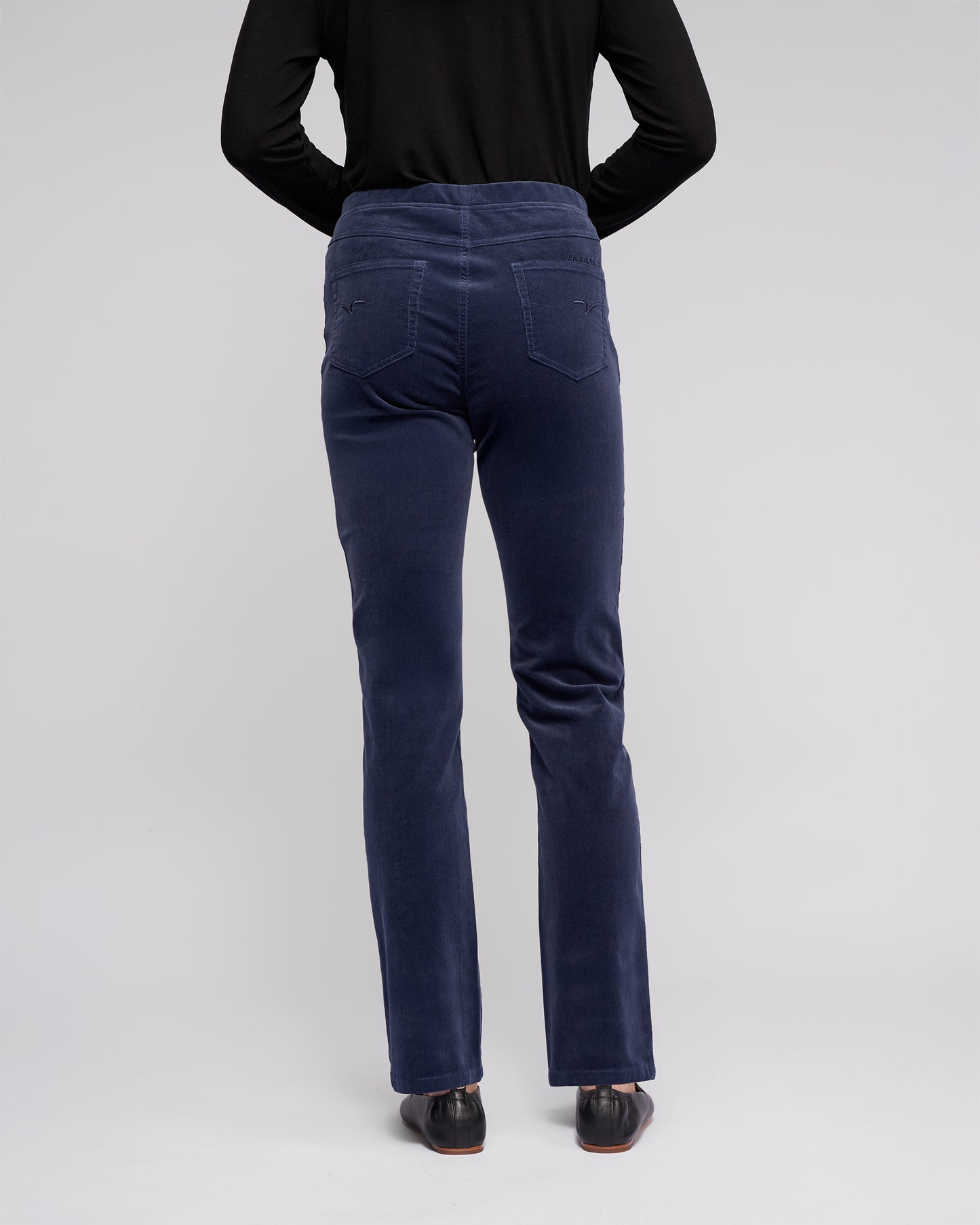 Pull on cord ants in dusty navy blue