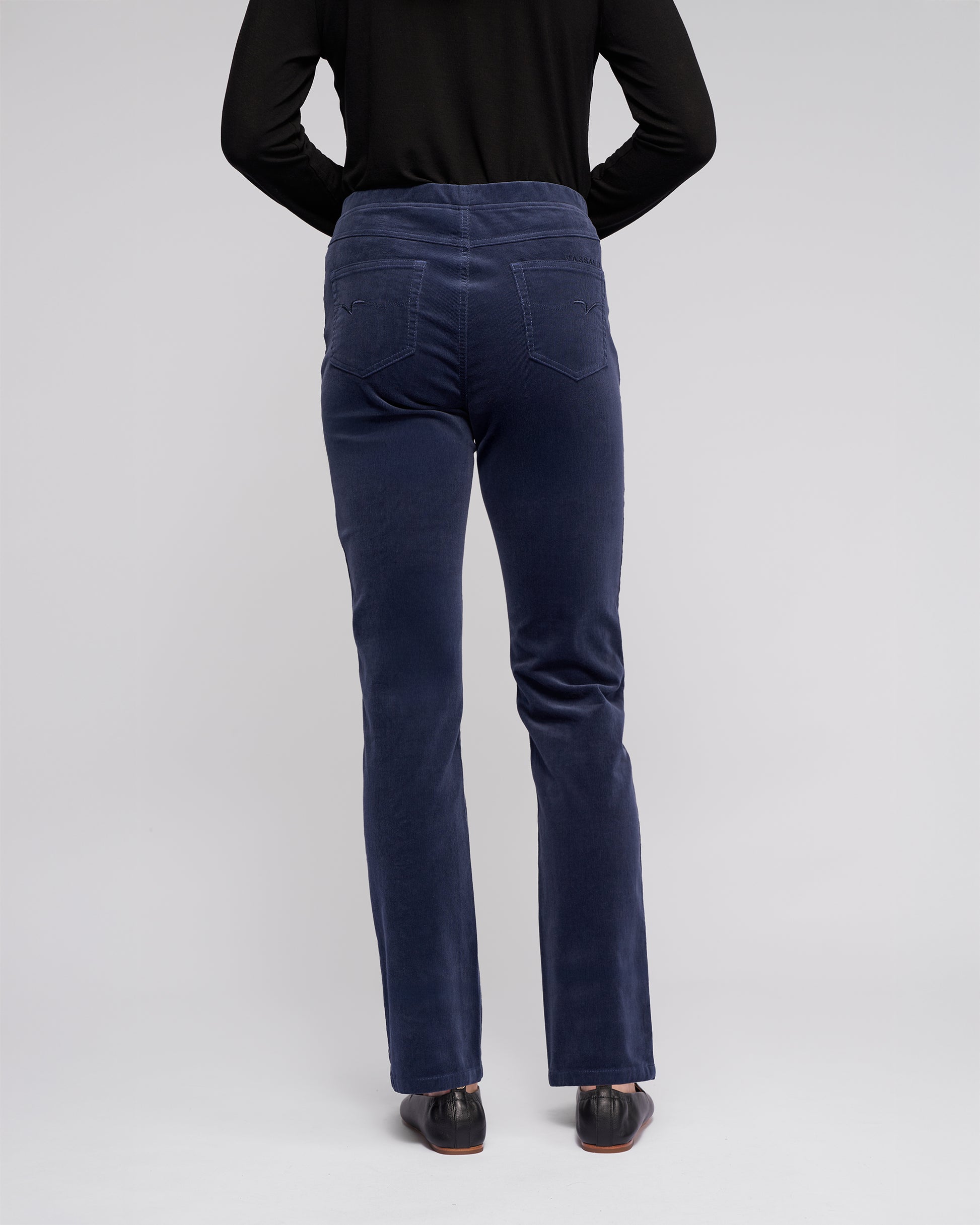 Pull on cord ants in dusty navy blue