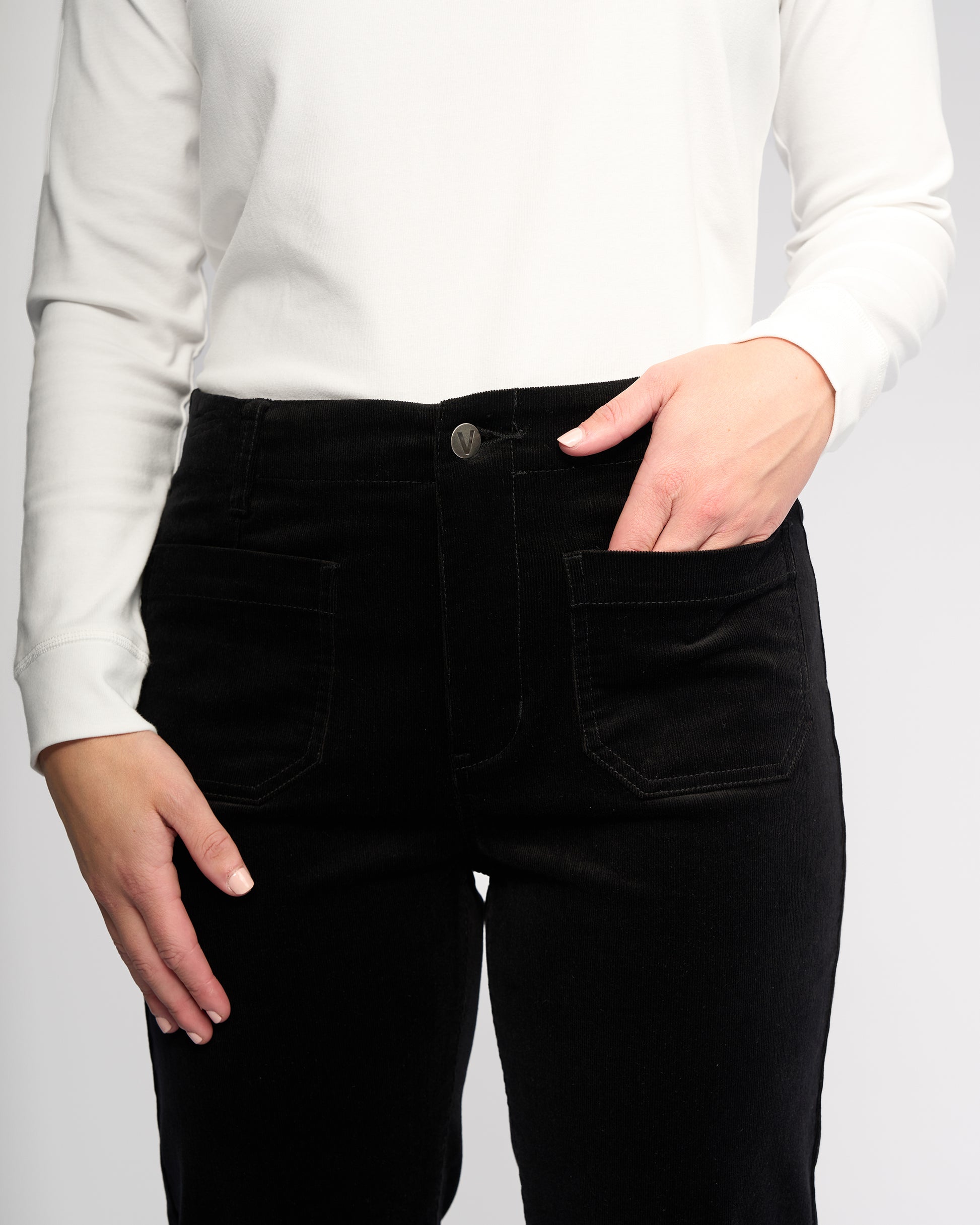 Black cord pants with fly for women