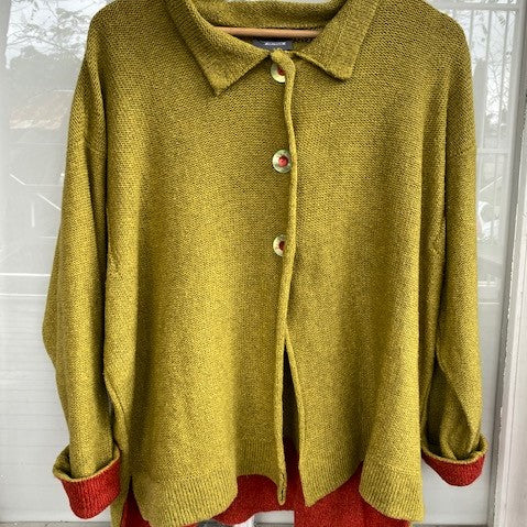 Orkney Island's Hand Knit, Raw silk and Lambs Wool in Sap with contrasting cuffs in Flame with hand dyed matching buttons