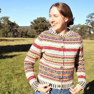Eribe Westray Cardigan in Firefly Scottish Knitwear Fairisle design Shetland
