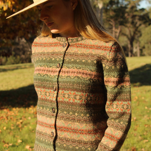 Eribe Westray cardigan in Spangle Scottish Knitwear Fairisle design Shetland