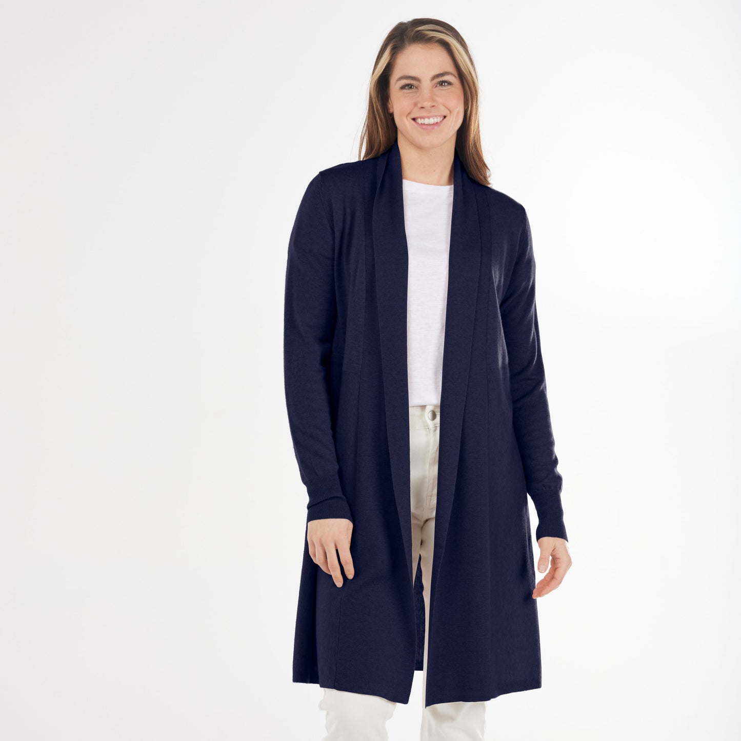 Bridge and Lord Long Edge to Edge cardigan in Navy Merino Wool and Cashmere