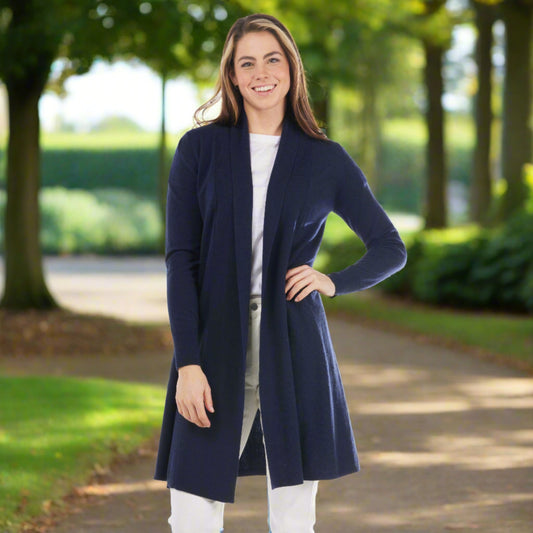 Bridge and Lord Long Edge to Edge cardigan in Navy Merino Wool and Cashmere