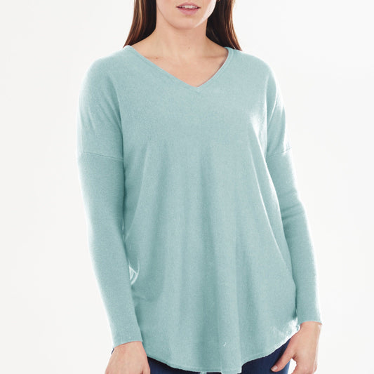 Bridge and Lord essential curved hem  vee pullover in sage leaf.