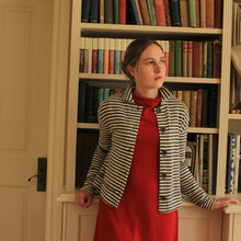 Merino Wool Striped Jacket ovber red dress.
