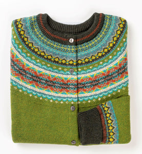 An Alpine Cardigan from Eribe in colour way Moss. Sophisticated and elegant, a wonderful mix of colour and pattern, vibrant and long lasting. Made from Merino Wool.