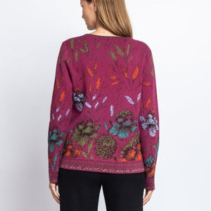 Cardigan Floral Pattern in Magenta from IVKO Woman, back view of women's cardigan