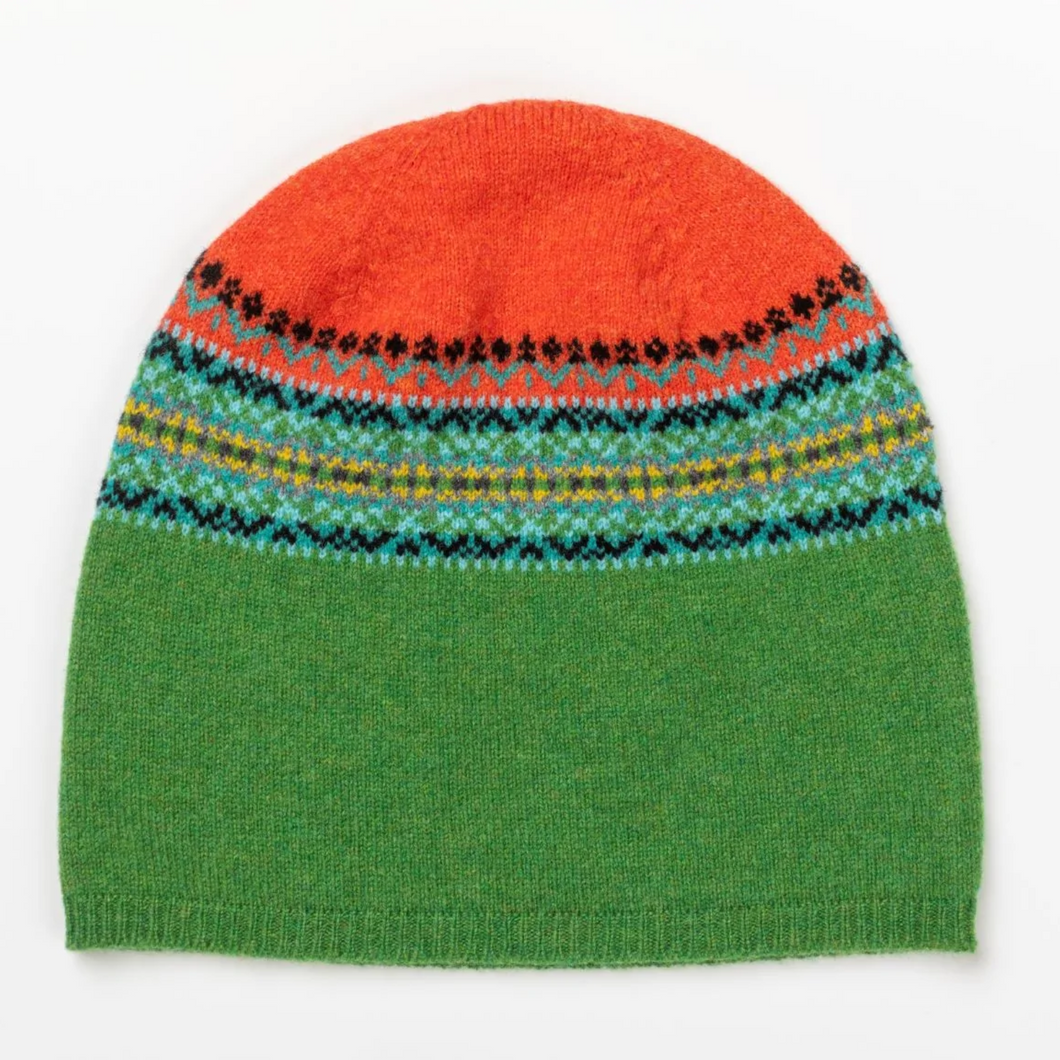 Fairisle Beanie in Green and orange Eribe from Scotland