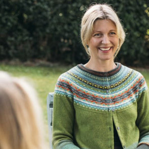 Eribe Short Cardigan in Moss. Scottish Knitwear.