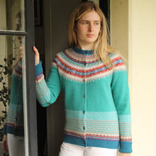 Eribe Alpine Cardigan in Emerald. Fairisle Knitwear, Merino Wool.