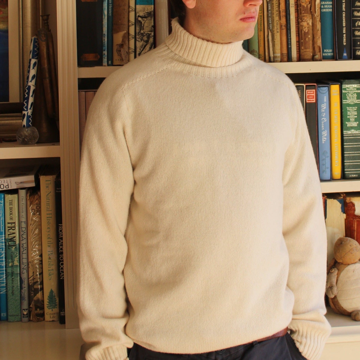 Harley of Scotland's Men's Superfine Roll Neck Jumper in chalk