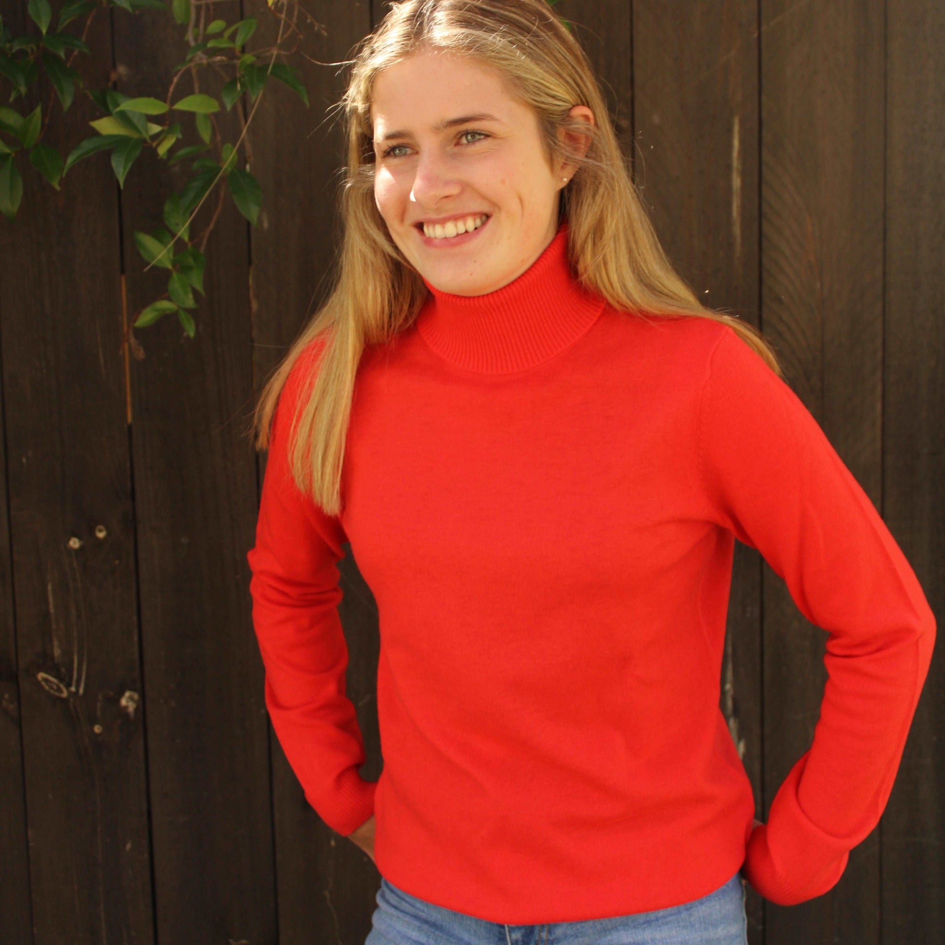 Bridge and Lord Merino Wool and Cashmere Cleassic Roll Neck Jumper in Red. Fine Australian Knitwear