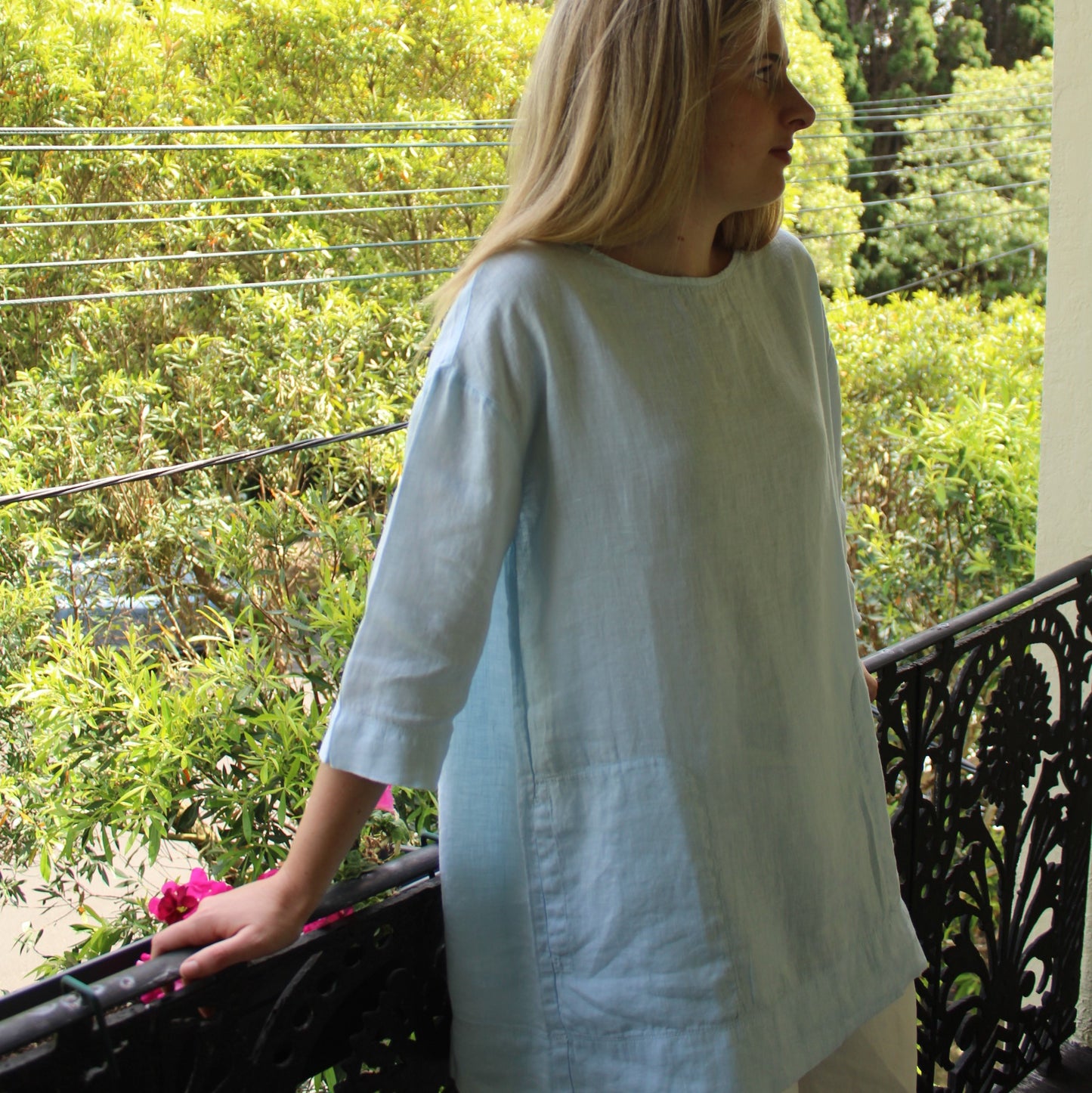 By Basics Linen Tunic 3/4 sleeve Blue