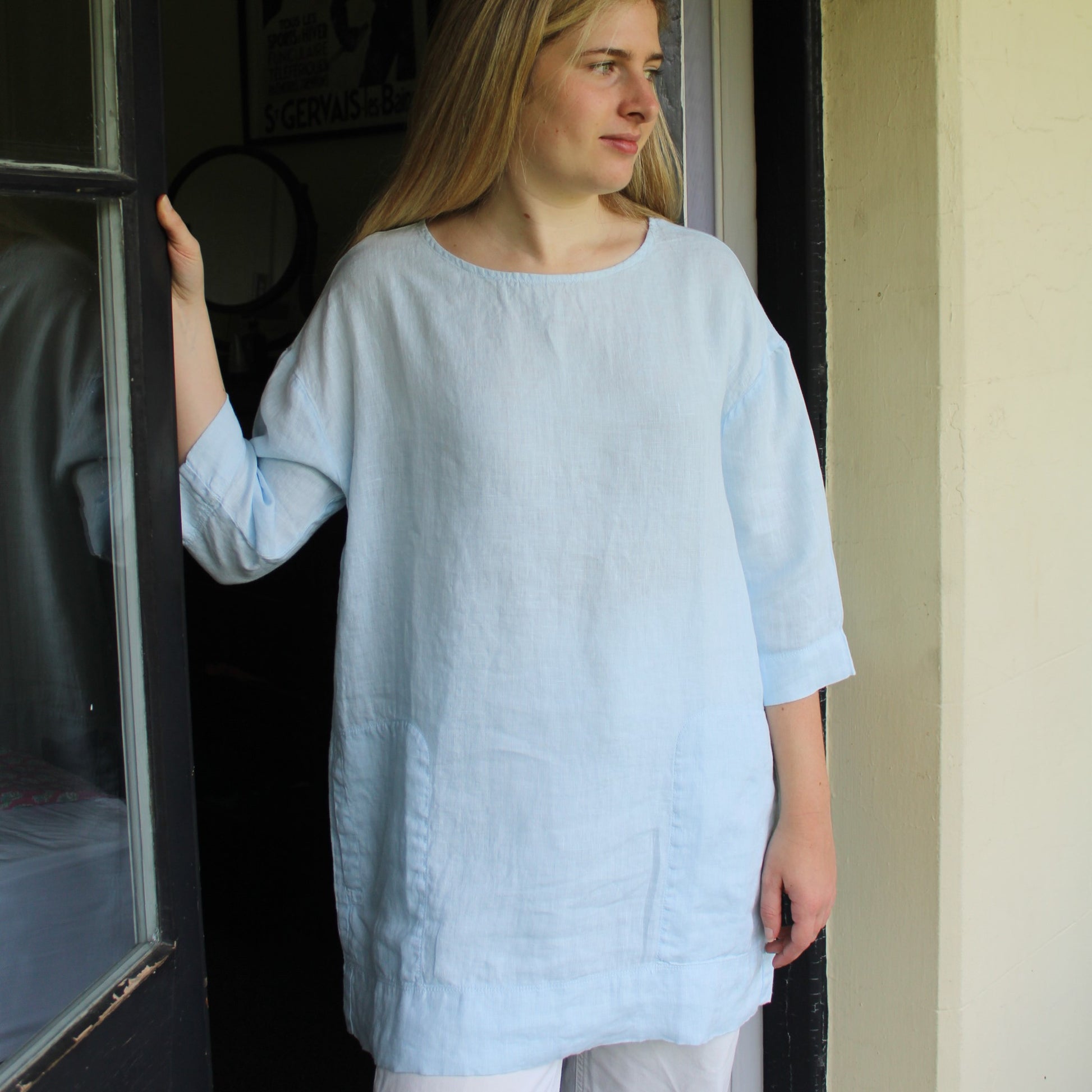 By Basics Linen Tunic 3/4 sleeve Blue