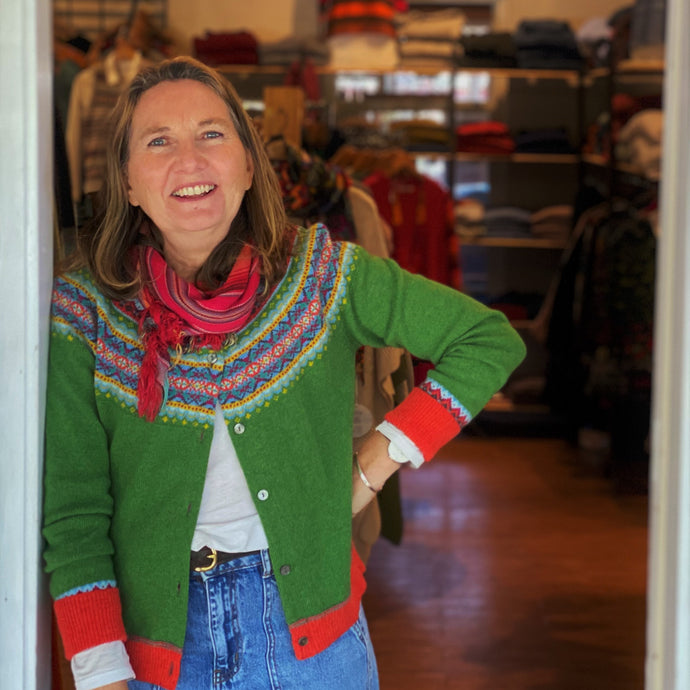 Eribe Alpine Short Cardigan in Paradise Scottish Knitwear fairisle design Merino Wool